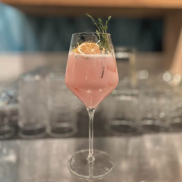 Pink cocktail in a stemmed glass, garnished with a dried orange slice and herbs.