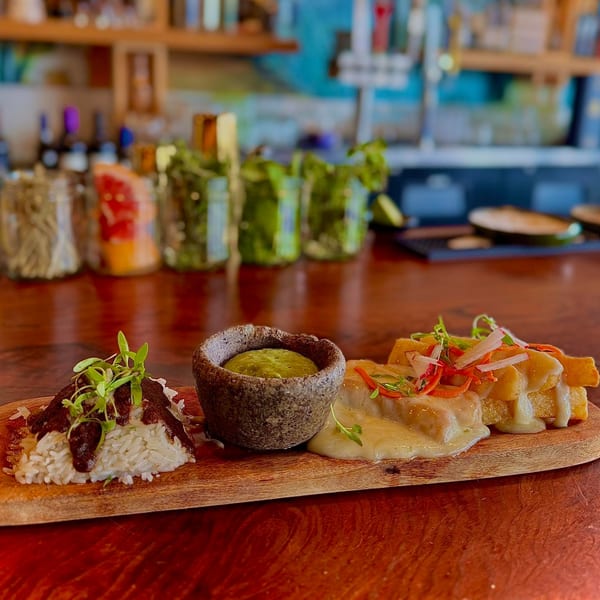 Mexican dish with rice, mole, green salsa, and cheesy fries on a wooden board.